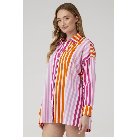 Beach Riot Alexa Top Large XL Striped Pink Orange Oversized Button Up Cover Up - Picture 1 of 12